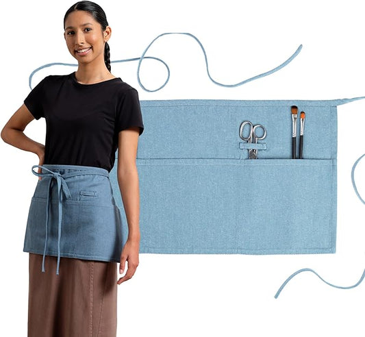 MEEMA Chef Waist Apron Cotton Fabric |Washable & Breathable Waitress & Server Half Aprons for Women with Pockets & Long Waist Straps | Cooking, Baking, Grilling & Crafting