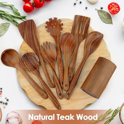 comfoyar Teak Wooden Spoons for Cooking, 9 Pieces Kitchen Cooking Utenails Set with Holder and Ladle, Heat Resistant Kitchen Cookware for Nonstick Pan - Image 3