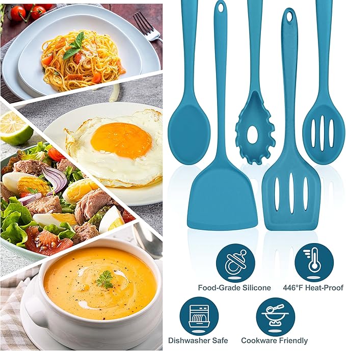 TeamFar Silicone Cooking Utensils Set, 5-Piece Heat Resistant Kitchen Utensils Set, Nonstick Slotted Solid Spoon Turner Pasta Server for Frying, Serving, Mixing, Non-Toxic & Dishwasher Safe, Dark Blue - Image 6