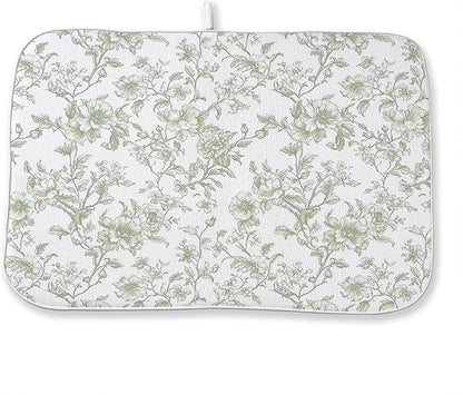Sage Green Dish Drying Mat 18 x 24 Inch Chinoiserie Light Green Floral Drying Mat for Kitchen Counter Absorbent Spring Summer Flowers Dishes Dry Pad for Drainer Rack Kitchen Fast Dry