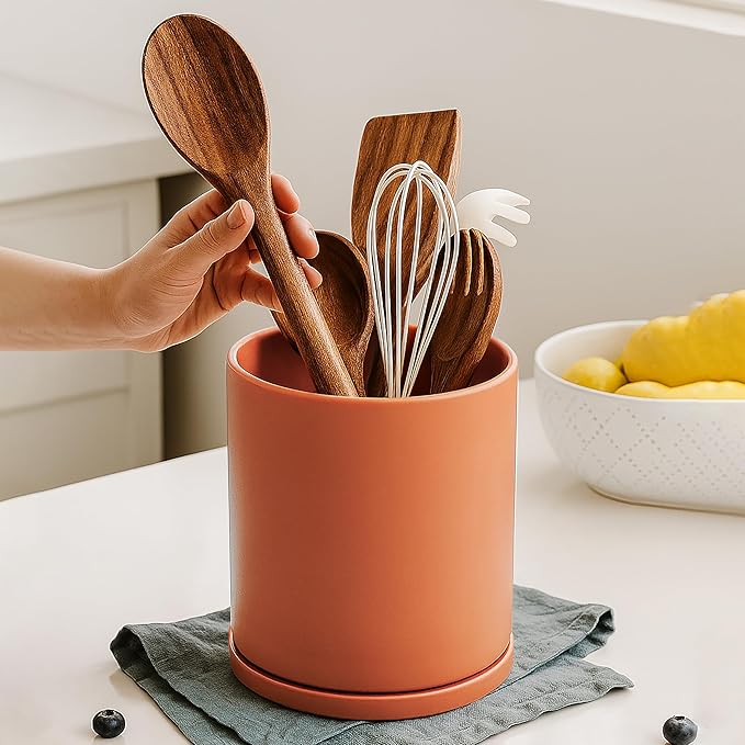 D'vine Dev 360° Rotating Utensil Holder Set – 7.2"+5" Kitchen Utensil Crocks for Countertop, Modern Cooking Tool Organizers for Kitchen Storage +Décor, Pumpkin, Set of 2, 72-Z-E-1 - Image 5