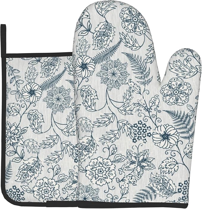 Blue Floral Oven Mitts Set – Vintage Pot Holders Kitchen Gloves for Women Teal Plant Kitchen Mitts Potholders Set of 2 for Cooking & Baking by DZGlobal