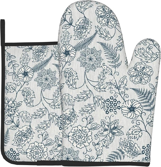 Blue Floral Oven Mitts Set – Vintage Pot Holders Kitchen Gloves for Women Teal Plant Kitchen Mitts Potholders Set of 2 for Cooking & Baking by DZGlobal