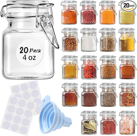 SKOCHE Spice Jars 20 Pack Small 4 oz Glass Jars with Airtight Hinged Lids, Spice Herb Jars with Labels and Silicone Funnels, 4oz Glass Jars with Lids Ideal for Spice Herbs by SKOCHE
