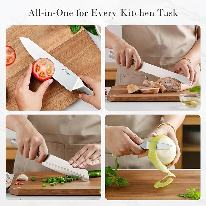 Kitchen Knife Set, Japanese Stainless Steel Knife Block Set with Built-in Sharpener, Sharp Knives with Non-slip Ergonomic Handle - Dishwasher Safe, Home Essential Gifts - Image 5