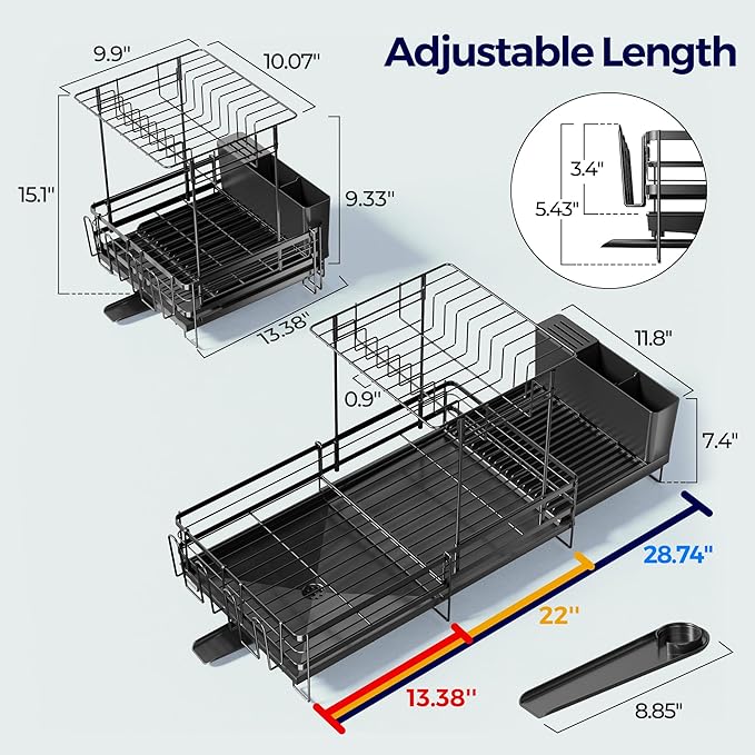 Large Dish Drying Rack, Expandable Dish Rack for Kitchen Counter, Dish Drainer with Drainboard Set, Multifunctional Dishrack with Utensil & Cup Holder, 13.4"-28.7" L x 11.8" W x 9.3" H, Black - Image 6
