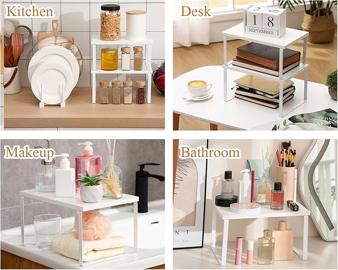 Marsui 4 Pcs Kitchen Organizer Accessories Set Cabinet Organizer Shelf and Bamboo Dish Drying Plate Rack Counter Shelves Storage Holder for Spice Rack, Dish, Pot Lid, Bowl, Cup (White) - Image 7