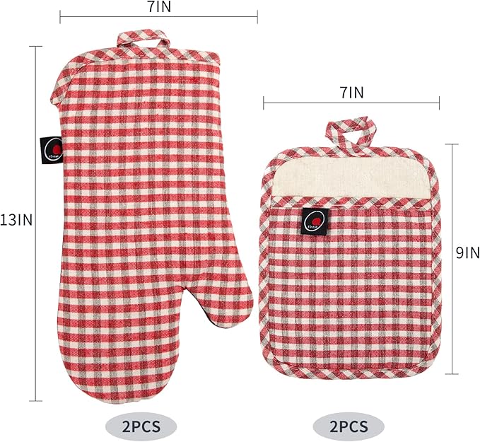 Oven Mitts and PotHolders Sets, 4 Pcs Kitchen Oven Glove High Heat Resistant 400°F Pot Holders for Kitchen, Non-Slip Neoprene Oven Mitts are Suitable for Cooking, Baking (Red Grid) - Image 6