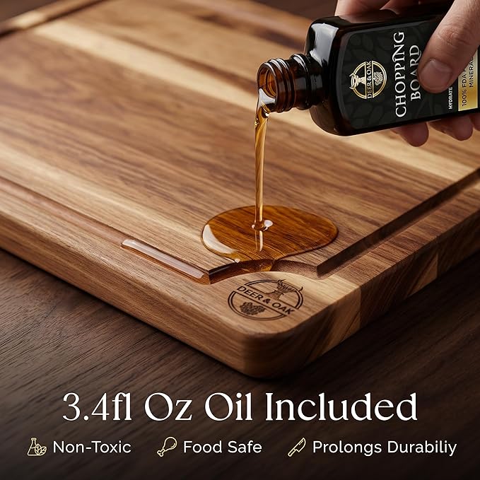 Pre-Oiled, Non Toxic 3-Piece Acacia Cutting Board Set with Stand, FSC Certified Wooden Chopping Boards, Includes 3.4 fl oz Chopping Board Oil, 3 Wood Carving Boards for Home, BBQ Kitchen, Deer & Oak - Image 11