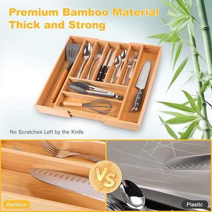 Large Premium Bamboo Silverware Organizer - Expandable Drawer Organizer & Utensil Organizer - 17"x19.7" Cutlery Tray with Dividers for Kitchen Utensils and Flatware (7-9 Slots) (Natural) - Image 4