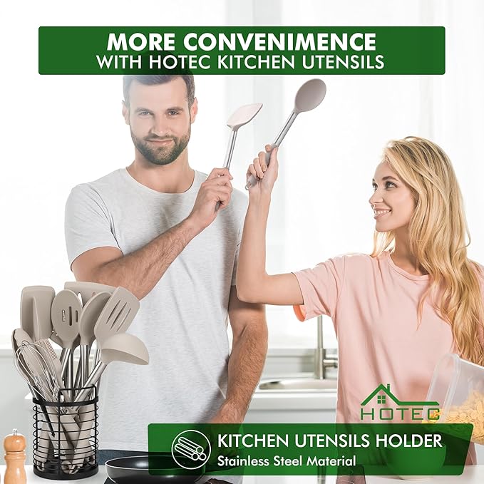 HOTEC 446°F Heat Resistant Silicone Kitchen Utensils, Cooking Utensil Set, Spatula Set, BPA Free, Kitchen Gadgets, With Stainless Steel Utensils Holder, Dishwasher Safe 14pcs Khaki - Image 2
