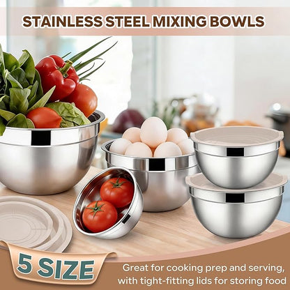 E-far Mixing Bowls With Lids Sets of 5, 10-Piece Stainless Steel Salad Metal Nesting Bowl for Baking Cooking and Prepping, Airtight Lid & Stackable Design, Size 4.6, 3, 2.1, 1.5, 0.7 QT, Khaki - Image 4