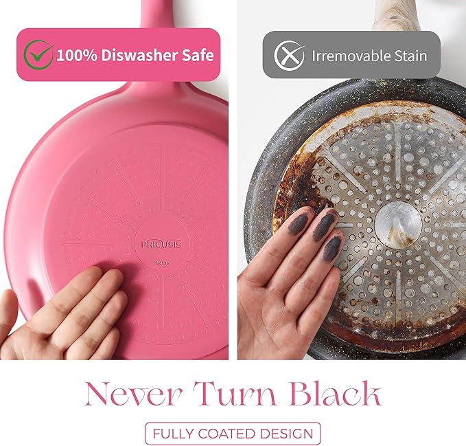 PRICUSIS Nonstick Ceramic Frying Pan, 8/10 Inch Skillet with Stay Cool Handle, Fully Coated, Induction Compatible & Oven Safe, 100% Dishwasher Safe, PTFE PFAS & PFOA Free（8 Inch, Raspberry Red）