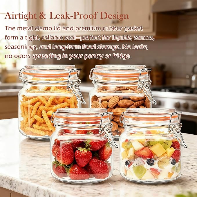 25 oz Glass Jars With Airtight Lids And Leak Proof Rubber Gasket,Wide Mouth Mason Jars With Hinged Lids For Kitchen Canisters 750ml, Glass Storage Containers 6 Pack - Image 5