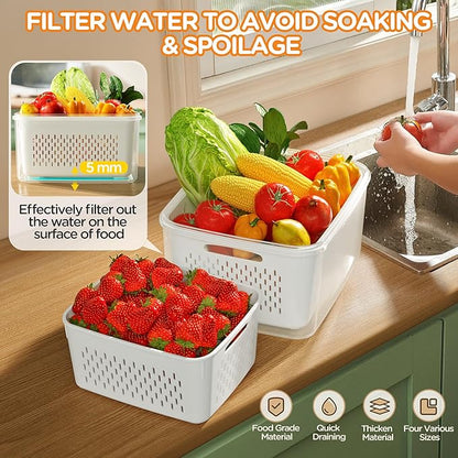 5-Pack Fruit Storage Containers for Fridge with Removable Colanders, 4 in 1 Produce Storage Containers with Lids, Leakproof Fridge Organizer Bins for Salad Berry Lettuce Vegetables Meat Keeper Fresh - Image 3