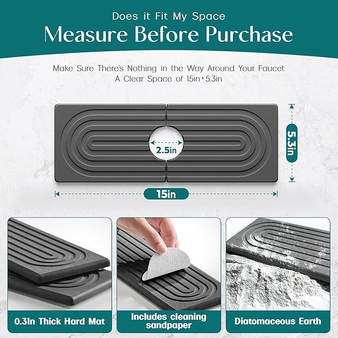 eormoe Faucet Mat for Kitchen Sink - Wider Diatomite Fast Drying Stone Sink Tray, Super Absorbent, Prevents Moisture Buildup - Faucet Splash Guard for Bathroom Counter (Dark Grey, 15x5.3inch) - Image 2