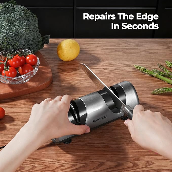 Electric Knife Sharpener, Professional Kitchen Knife Sharpener for Home Use, 2 Stages of Coarse Sharpening & Fine Polishing, Metal Dust Collection Box for Easy Cleaning, Dark Gray - Image 3