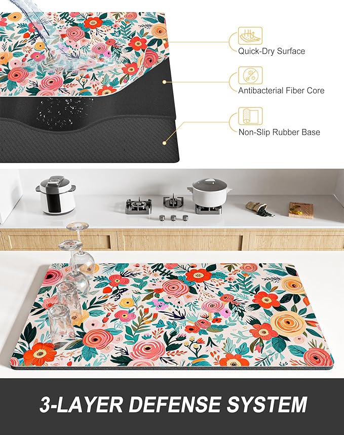 Rnivvi Dish Drying Mat for Kitchen Counter, 12 x 19" Cute Flower Super Absorbent Draining Pad, Non-Slip Heat Resistant Coffee Bar Mats for Coffee Machine Station Accessories, Colorful Dish Rack Pad - Image 4