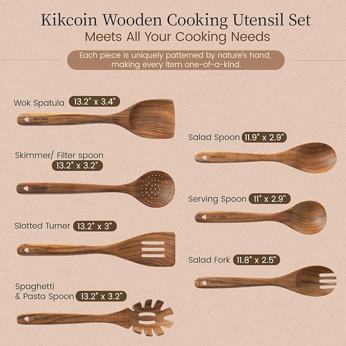 Kikcoin 7 PCS Durable Natural Teak Wooden Cooking Utensils Set, Non Toxic Wooden Spoons for Cooking, Wooden Utensil Set for Cooking with Comfort Grip, Nonstick & Easy to Clean Wood Kitchen Utensil Set - Image 2