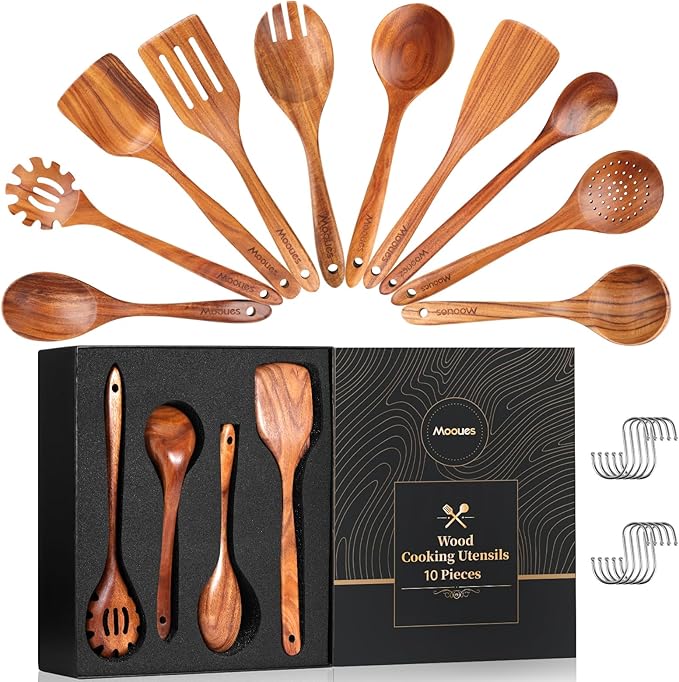 Wooden Spoons for Cooking, 10 PCS Teak Wood Cookware Utensil Set with Hooks - Smooth Finish, Non-Stick, Comfortable Grip, Heat Resistant Kitchen Utensils Gift Box by Mooues