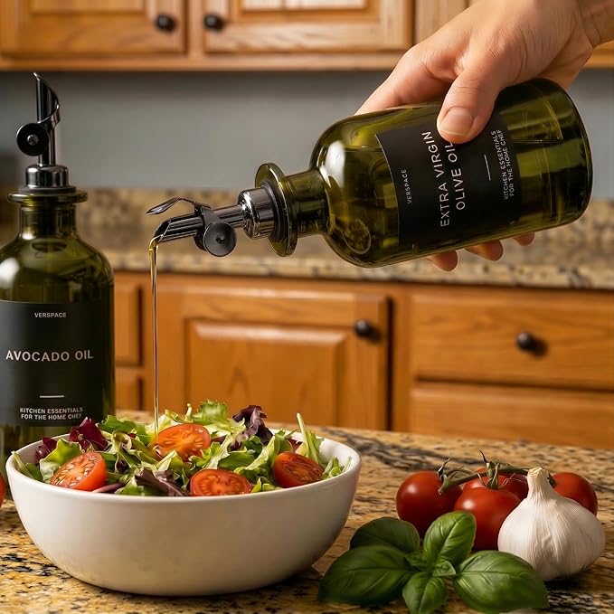 Verspace UV-Protected Green Glass Olive Oil Dispenser Bottles For Kitchen - 2 Pack - 12oz Includes 40 Kitchen Essential Labels, Avocado Oil Dispenser Set, Modern Decor for Home, Airbnb, Cafe - Image 6