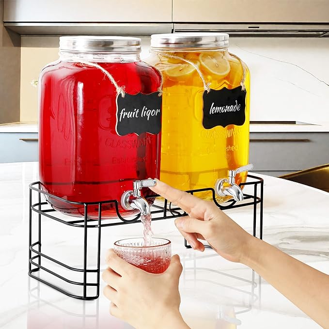2 Gallon Drink Dispensers for Parties, 2 Pack Glass Beverage Dispenser with Stand & 18/8 Stainless Steel Spigot, Lemonade Jug for Wedding, Picnic, BBQ - Image 6