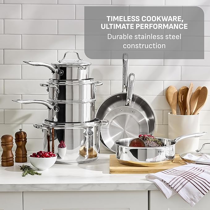 T-fal Stainless Steel Pots and Pans Set 11 Piece, Induction, Oven Broiler Safe 500F, Kitchen Cooking Set w/Fry Pans, Saucepans, Saute Pan, Dutch Oven, Steamer, Cookware, Dishwasher Safe, Silver - Image 3