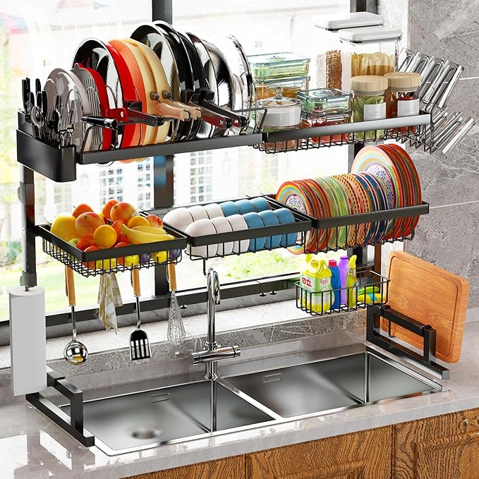 ADBIU Over Sink Dish Drying Rack (Expandable Height/Length) Snap-On Design Large Dish Drainer Storage Counter Organizer 32-40L x 12W x 34-38H (inches) - Image 7