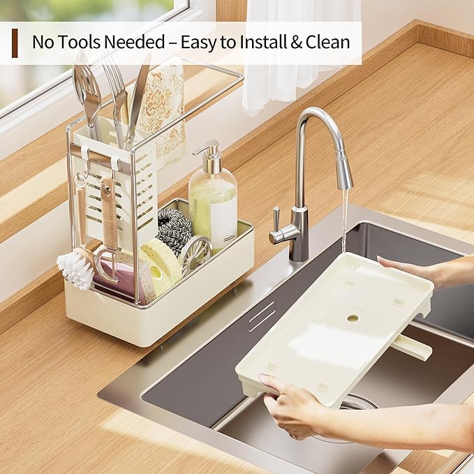 MOUKABAL Sponge Holder for Kitchen Sink, 2-Tier Sink Caddy Organizer with Drain Holes and Hooks, Holds Dishcloth, Sponge & Brushes, Kitchen Countertop Storage for New Home Essentials Off-white - Image 6