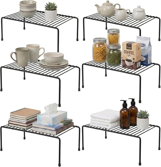 Evelots Kitchen Cabinet Wire Shelf Organizer/Rack - 6 Pack Sturdy Metal Shelf Risers - Double Your Counter Space - Great for Kitchen, Freezer, Pantry and Bathroom - Rustproof - Black by Evelots