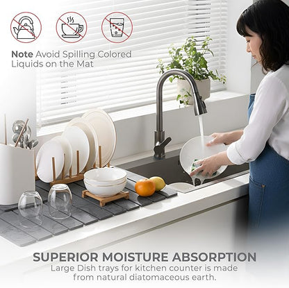 Large Stone Dish Drying Mat for Kitchen Counter, Quick Dry Stones Dishes Mats,Stone Drying Mat for Kitchen Counter, Water Absorbing Diatomaceous Earth Drying Mat (Dark Gray 24"×16" & 8"x4")