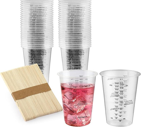 50PCS Resin Epoxy Mixing Cups, DQELFA 8oz Clear Plastic Paint Measuring Cups with 50pcs Wooden Stirring Sticks for Epoxy Resins, Mixing Paint, Pigments, Resins by Unknown