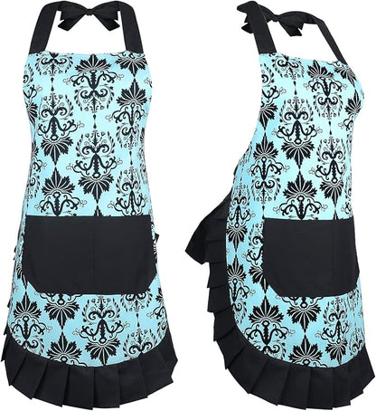 G2PLUS Cotton Vintage Damask Apron for Women, Adjustable Neck & Big Pocket, Blue & Black Cute Ruffle Kitchen & Baking Apron for Christmas Holiday Gift
