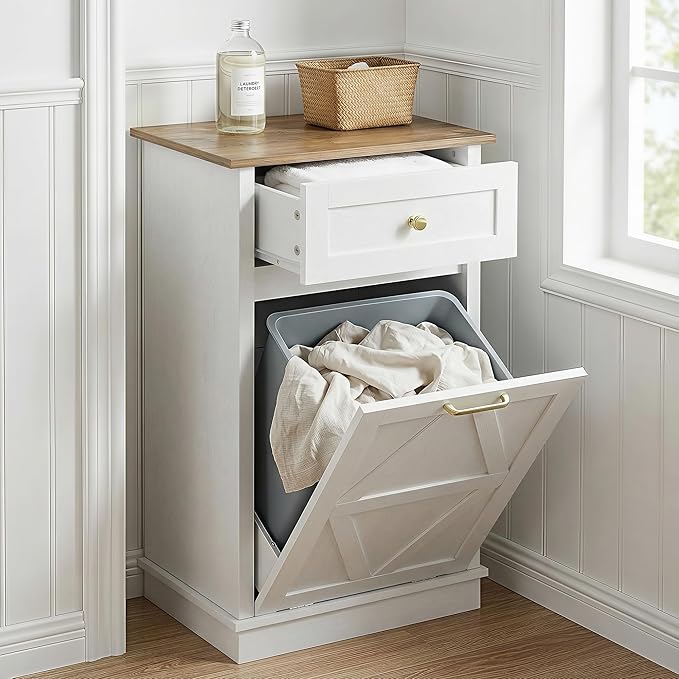 YESHOMY Tilt Out Trash Cabinet,10 Gallon Hidden Wooden Bin Cabinets, Laundry Hamper with Drawers, for Kitchen, Dining Room, White