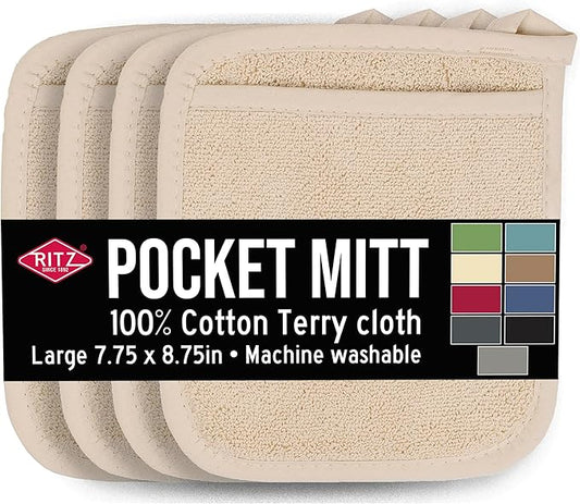 RITZ Terry Pocket Mitt & Hot Pad: Unparalleled Heat Resistant, Durable 100% Cotton – Ergonomically Designed for Optimal Grip – Easy-Care Machine Washable – 4-Pack, Latte by Ritz+Foodservice