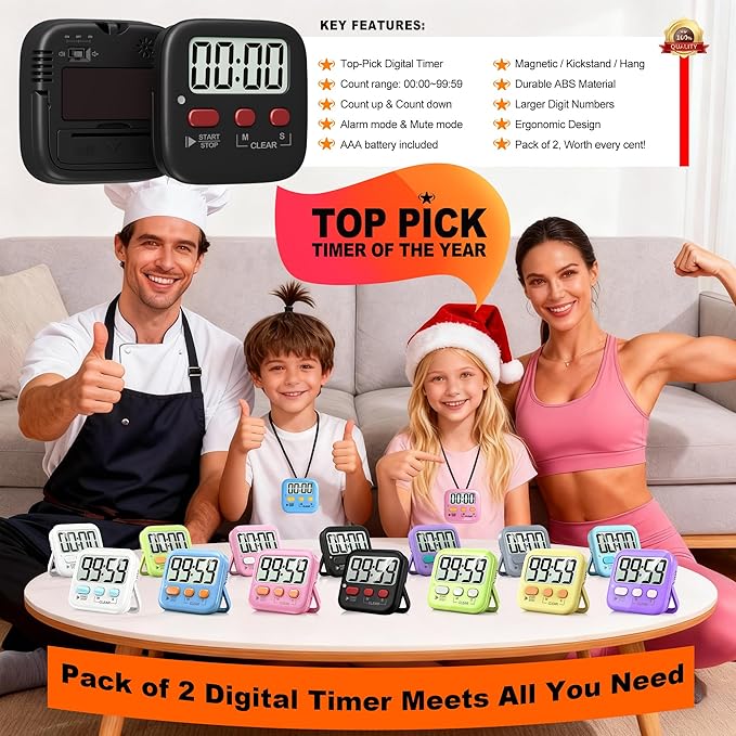 Antonki 2 Pack Digital Timer for Kids, Magnetic Countdown Kitchen Timers for Cooking, Egg, Classroom, Teacher, Exercise, Study, Oven - Battery Included - Image 8