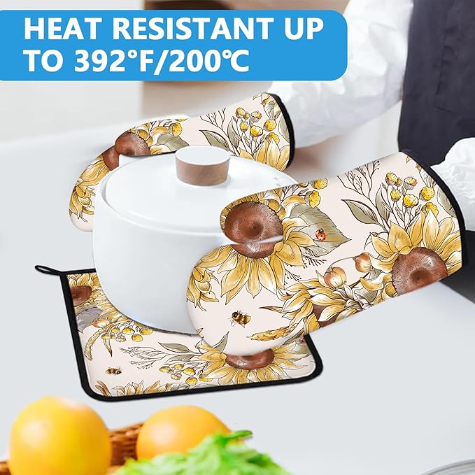 Watercolor Sunflower Oven Mitts and Pot Holders Sets Heat Resistant 4Pcs Potholders Oven Gloves Hot Pads for Kitchen Baking Cooking Grilling BBQ