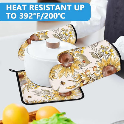 Watercolor Sunflower Oven Mitts and Pot Holders Sets Heat Resistant 4Pcs Potholders Oven Gloves Hot Pads for Kitchen Baking Cooking Grilling BBQ