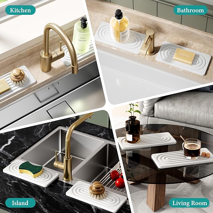 Water Absorbing Stone Tray, Quick Drying Diatomite Bathroom Tray Countertop, Stone Drying Mat for Kitchen Counter, Soap Dish Dispenser Vanity Organizer, White-B-8.3" x 4" - Image 7