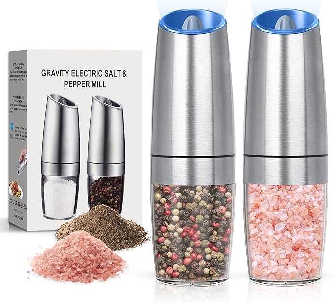 Battery Operated Salt And Pepper Grinder Set with LED Light, Automatic Electric Gravity Salt And Pepper Shakers Set, Each 6 AAA Batteries Needed, Adjustable Roughness, 2 Pack (Silver) by Unknown