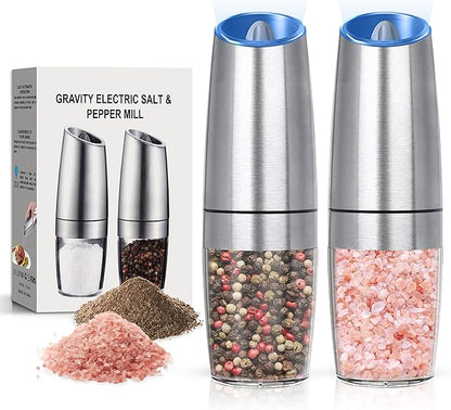 Battery Operated Salt And Pepper Grinder Set with LED Light, Automatic Electric Gravity Salt And Pepper Shakers Set, Each 6 AAA Batteries Needed, Adjustable Roughness, 2 Pack (Silver) by Unknown