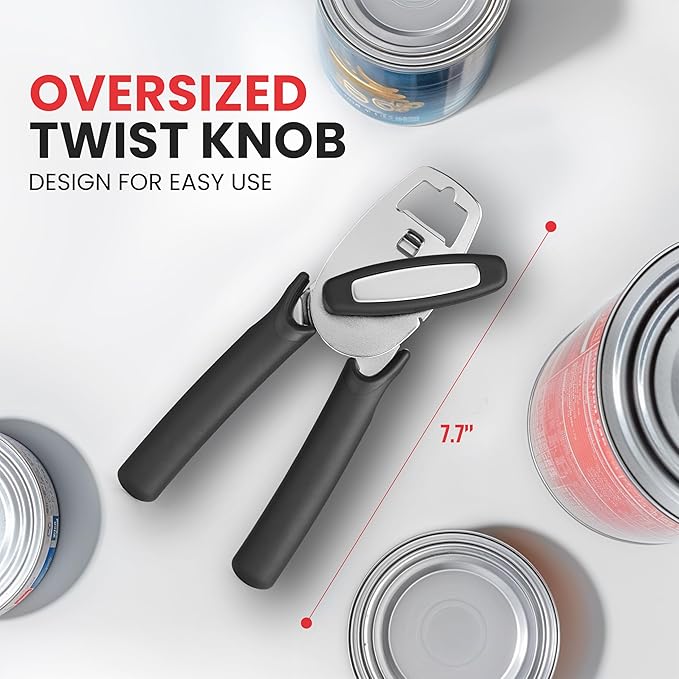 Zulay Kitchen Heavy Duty Stainless Steel Manual Can Opener – Ergonomic Soft Grip Handles, Smooth Edge Cutting Wheel & Large Built In Bottle Opener – Easy Turn Knob for Effortless Use - Black - Image 4