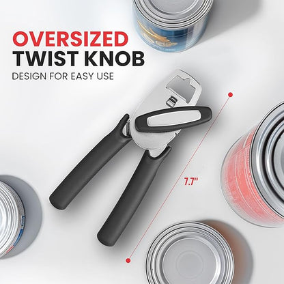 Zulay Kitchen Heavy Duty Stainless Steel Manual Can Opener – Ergonomic Soft Grip Handles, Smooth Edge Cutting Wheel & Large Built In Bottle Opener – Easy Turn Knob for Effortless Use - Black - Image 4