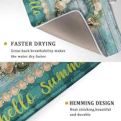 Hello Summer Dish Drying Mat for Kitchen Counter,Sea Shell Starfish Coastal Wreath Drying Mat 18 x 24 Inch with Absorbent Reversible Microfiber Drying Pad for Coffee Bar - Image 3