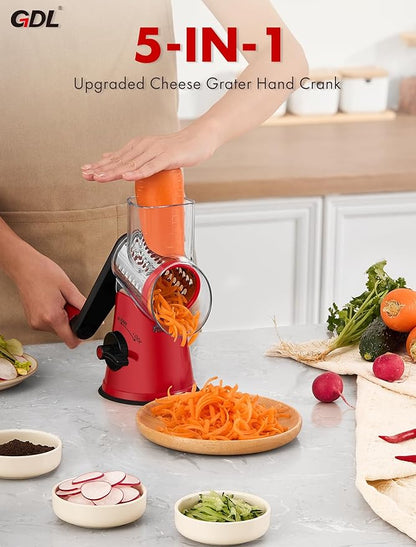 GDL Rotary Cheese Grater, Upgraded 5-in-1 Cheese Grater Hand Crank, Multi-purpose Cheese Shredder with Handle, Vegetable Slicer Cutter Ice Shaver for Potato, Carrot, Nuts, Chocolate - Image 8
