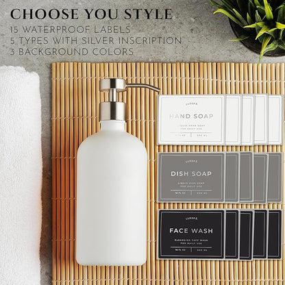 Glass Soap Dispenser Set of 2 (White) with Silicone Tray | Hand and Dish Soap Dispenser for Kitchen and Bathroom | 16.8 Oz Glass Bottles with Stainless Steel Pump & 15 Waterproof Labels (White/Silver)