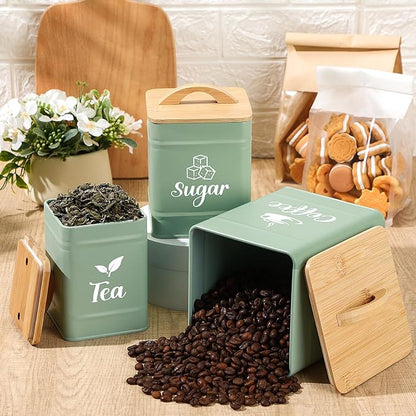 Maxdot 3 Set Coffee Sugar Tea Containers, Square Airtight Kitchen Canisters Storage Ground Organization with Bamboo Lids Rustic Metal Jars for Coffee Bar Beans, Tea Leaves, Food, Countertop(Turquoise) - Image 4