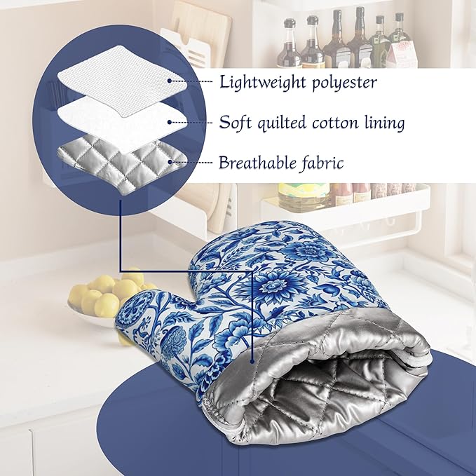 Oven Mitts and Pot Holders Sets Blue White Floral Silicone Kitchen Mits Potholders Vintage Flowers Heat Resistant 4Pcs Oven Gloves Hot Pads for Baking Cooking BBQ Grilling Home Decor