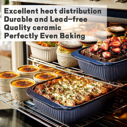 Artena Casserole Dishes For Oven, Ceramic Baking Dish, Large Lasagna Pan With Handles, Baking Pan Casserole Dish, Rectangular Bakeware Deep, Set Of 3 (5.1Qt/2.3Qt/1.1Qt) (Blue - Baking Dish With Rack) - Image 2