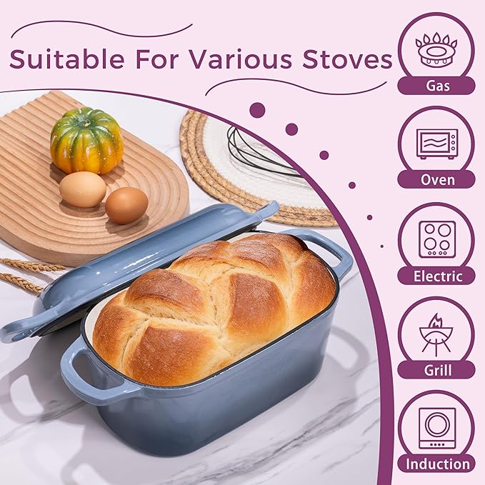 4.6-Quart Oval Dutch Oven for Bread Baking, 2 in 1 Enameled Cast Iron Bread Pan with Lid, Sourdough Bread Dutch Oven for a Crispy Crust, Seasalt